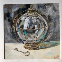 Old lantern original oil painting on canvas modern painting wall art 8x8 inches