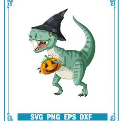t-rex dinosaur holding pumpkin svg, cartoon style svg, happy halloween svg