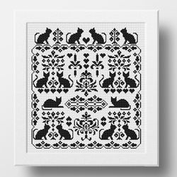 Cat cross stitch pattern Vintage Sampler, Cat cross stitch digital pattern, Monochrome embroidery design