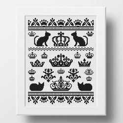 Royal Cats cross stitch pattern, Monochrome sampler, Vintage embroidery pattern, Cross stitch pillow, cushion cover