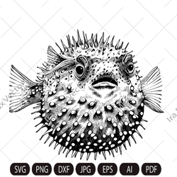 Puffer Fish SVG, Puffer Fish detailed, Ocean Animals SVG, Startled Spiny Puffed Pufferfish, Cut Files, Silhouette Cut Fi