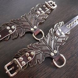 Luxury leather bdsm wrist cuffs for women Personalized oak leaves handcuffs