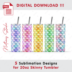 5 Inflated 3D Puff Mermaid Scales Designs - Seamless Sublimation Patterns - 20oz SKINNY TUMBLER - Full Tumbler Wrap