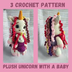 3 Crochet patterns plush unicorn with a baby in a kangaroo jumpsuit, amigurumi mythical creature, crochet animals