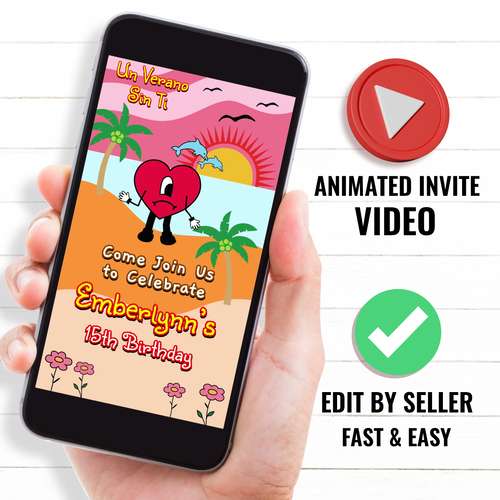 Bad Bunny Birthday Party Video Invitation, Custom BadBunny Animated Invite, Bad Bunny Digital Custom Invite