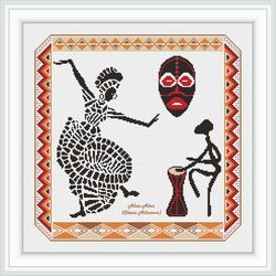 Cross stitch pattern dance African woman silhouette ethnic sampler Africa music black yellow red counted crossstitch PDF