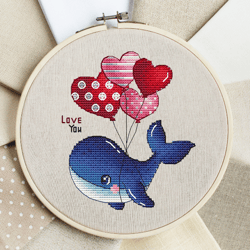 Whale Cross Stitch Pattern PDF, Instant Download, Love Counted Cross Stitch, Valentine's Day Cross Stitch, Balloon Cross