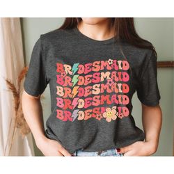 retro bridesmaid shirt, bridal party shirt, neutral wedding, boho bride, groovy bachelorette theme party tee, aesthetic