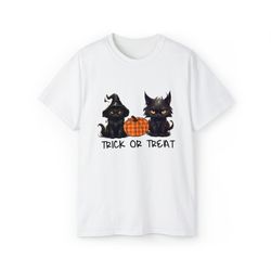 trick or treat shirt, black cat and pumpkin design shirt, cute halloween pumpkin shirt, halloween cat shirt