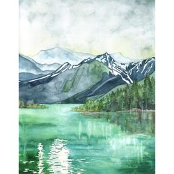 Mountain Lake Painting - Print of Mountain Landscape, Forest Print, Watercolor Landscape, Abstract Art