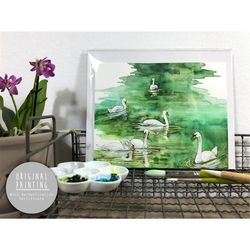original watercolor painting - painting titled, 'swan lake', original art, original painting