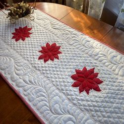 Poinsettia Christmas table runner, White Oval Quilted Table Mat, White and red table decor, Dining table Quilt for gift
