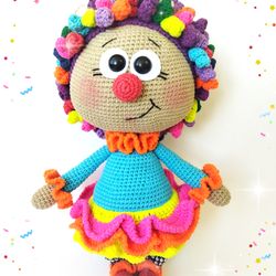 Amigurumi crocheted Bonnie doll girl. Amigurumi Crochet toy clown. Cuddle friendly doll in clown costume. Nursery decor.