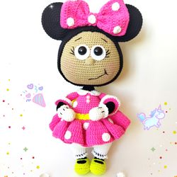 Amigurumi doll Bonnie dressed as Minnie. Cuddle friendly doll crocheted in Minnie costume. Nursery decor soft girl doll.