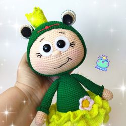 Doll Bonnie with frog costume. Crocheted doll frog. Cuddle toy plush friendly doll in frog costume. Nursery decor toy.
