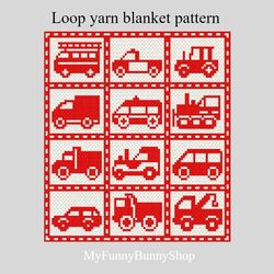 Loop yarn  Finger knitted Cars Collection blanket pattern PDF Download