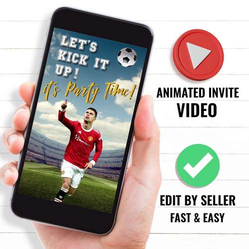 Cristiano Ronaldo Birthday Party Video Invitation, Football Animated Invite, CR7 Manchester United Soccer, Sports theme