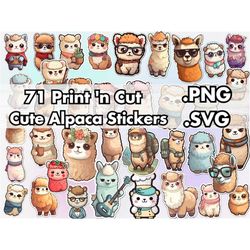 kawaii alpaca stickers print and cut png svg bundle - 71 cute digital designs - vector file printable clipart for cricut