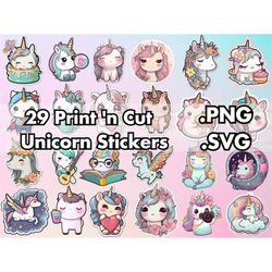 unicorn png svg stickers bundle - 35 cute unicorns print and cut designs - vector files printable eps clipart for cricut