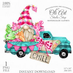Ice Cream Truck Gnome Clip Art. Chill. Pick Up Car. Gnome Images. Gnomes Graphics. Cute Gnome PNG. Gnome Digital