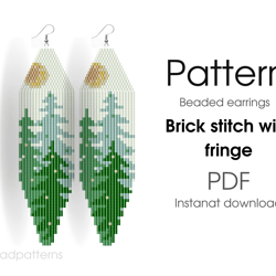 Wood Beaded earrings PATTERN for brick stitch with fringe - Nature trees wood sunset pattern - Instant download