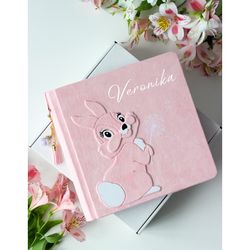 Baby memory book first year with a rabbit, personalized photo album for new baby girl gift,custom memory book
