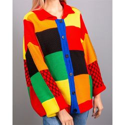 Colorful Cardigan - Hand-Knit Embroidery - Multi Color for Men- Patchwork Cardigan - Gift for Her - For Him - Birthday G