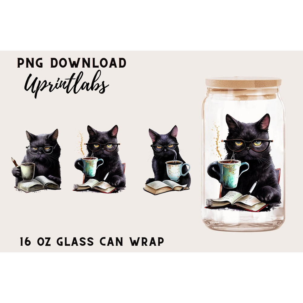 Black Cat And Book 16oz Libbey Glass Can Png File Cup Wrap Book Lover Libbey PNG Glass Can Wrap Black Cat Sublimation Design PNG - 1.jpg