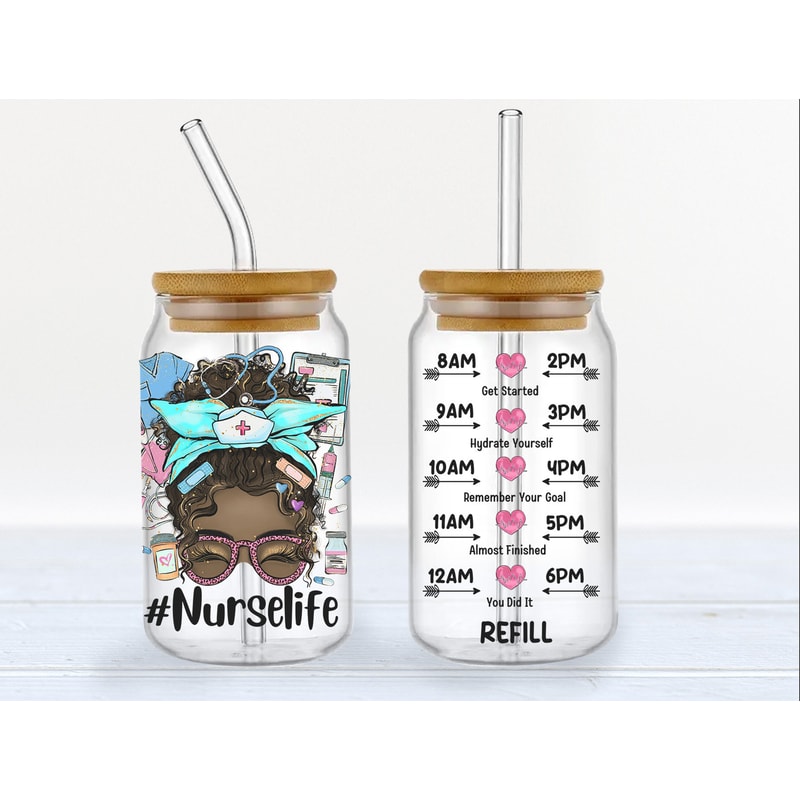 Black Nurse Sublimation Glass Can Wrap Nurse Life 16 Oz Libbey Glass Can Wrap Water Tracker Nurse Appreciation Gift - 2.jpg
