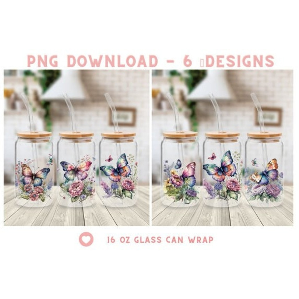 Butterfly 16oz Glass Can Wrap Sublimation Design, Watercolor Buffterfly Glass Can, Butterfly bundle PNG, Butterfly Libbey Glass Can - 1.jpg