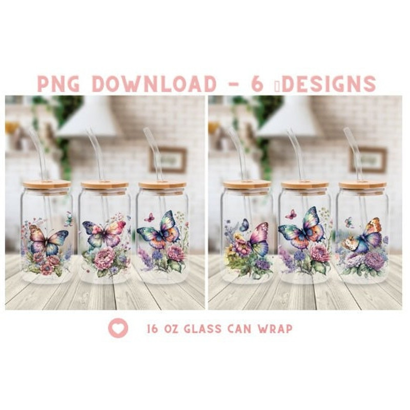 Butterfly 16oz Glass Can Wrap Sublimation Design, Watercolor Buffterfly Glass Can, Butterfly bundle PNG, Butterfly Libbey Glass Can - 1.jpg