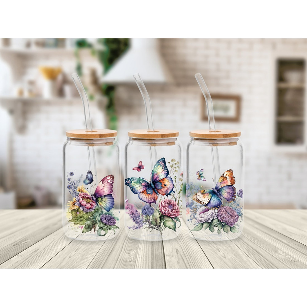 Butterfly 16oz Glass Can Wrap Sublimation Design, Watercolor Buffterfly Glass Can, Butterfly bundle PNG, Butterfly Libbey Glass Can - 2.jpg