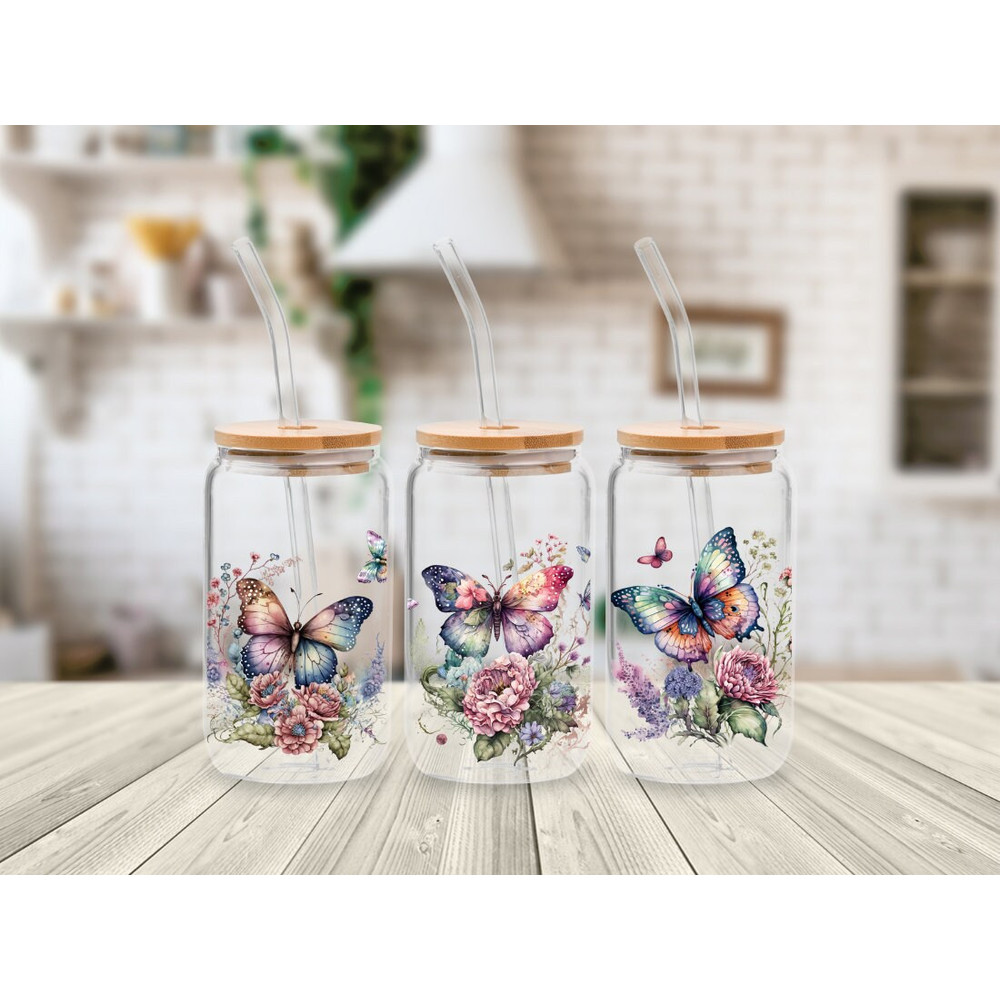 Butterfly 16oz Glass Can Wrap Sublimation Design, Watercolor Buffterfly Glass Can, Butterfly bundle PNG, Butterfly Libbey Glass Can - 3.jpg