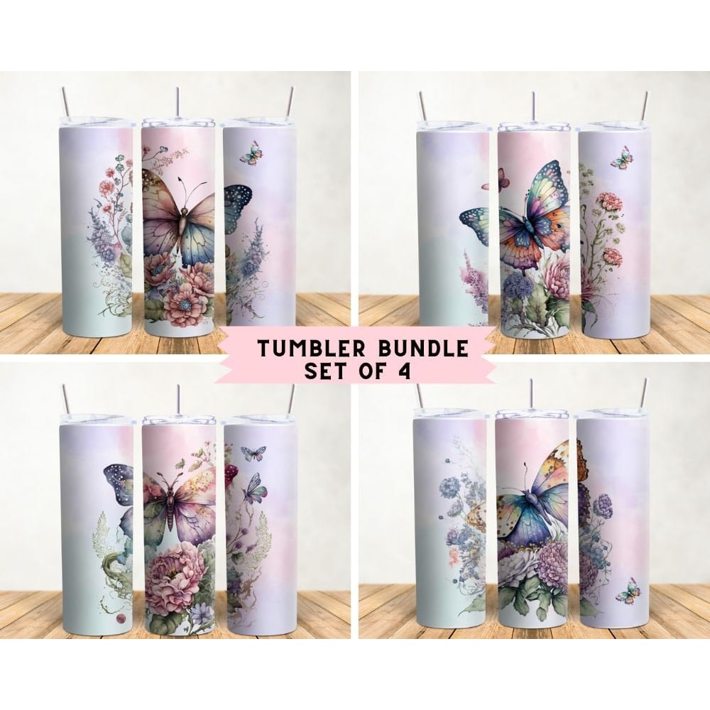 Butterfly And Flowers 20 oz Skinny Tumbler Sublimation Design Instant Digital Download Png Butterfly 20 Oz Tumbler Wrap PNG Set Of 4 Designs - 1.jpg
