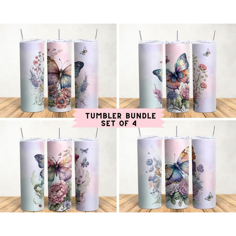 Butterfly And Flowers 20 oz Skinny Tumbler Sublimation Design Instant Digital Download Png Butterfly 20 Oz Tumbler Wrap PNG Set Of 4 Designs - 1.jpg