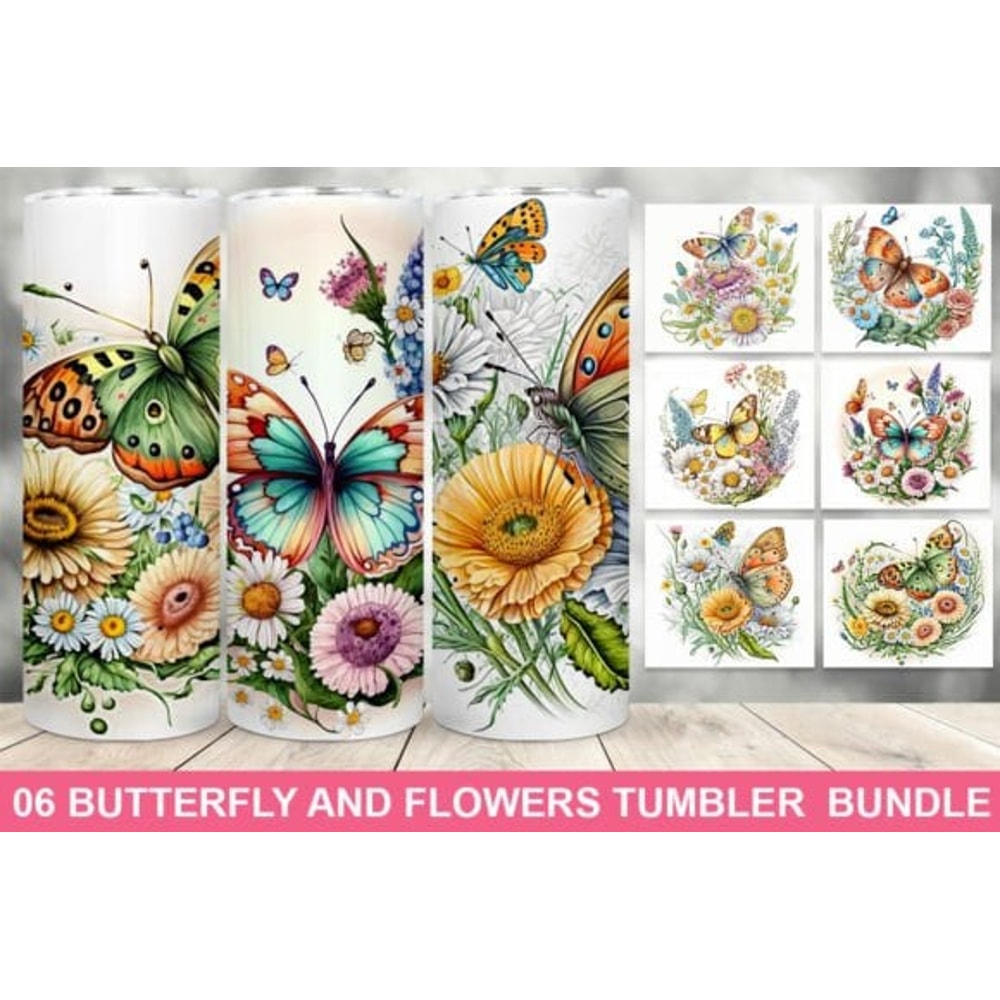 Butterfly And Flowers 20 oz Skinny Tumbler Sublimation Design Instant Digital Download PNG Butterfly 20 Oz Tumbler Wrap PNG Set Of 8 Designs - 1.jpg