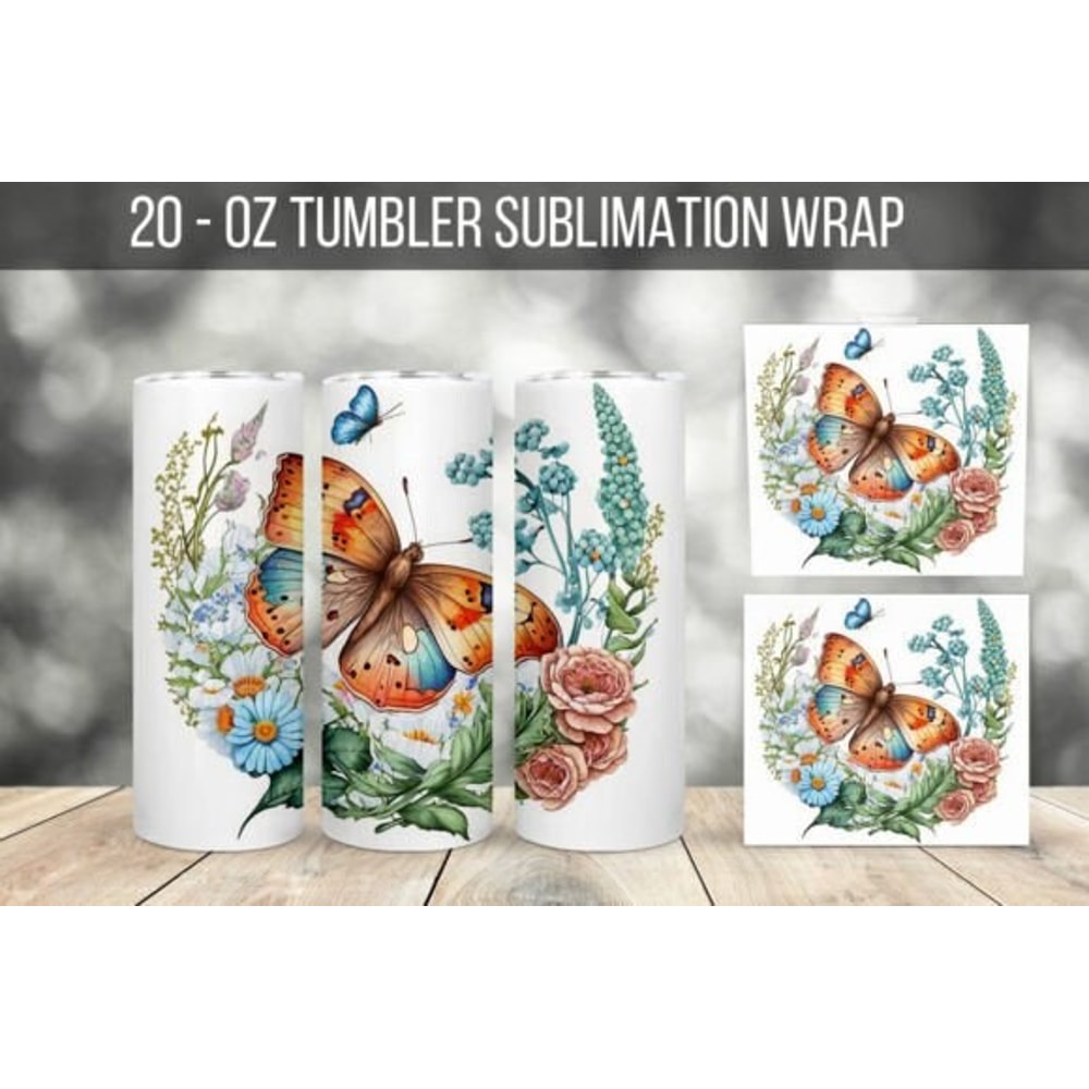 Butterfly And Flowers 20 oz Skinny Tumbler Sublimation Design Instant Digital Download PNG Butterfly 20 Oz Tumbler Wrap PNG Set Of 8 Designs - 2.jpg