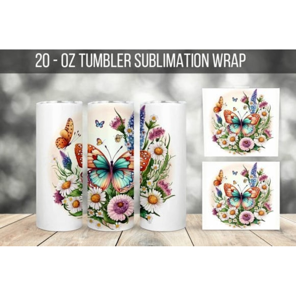 Butterfly And Flowers 20 oz Skinny Tumbler Sublimation Design Instant Digital Download PNG Butterfly 20 Oz Tumbler Wrap PNG Set Of 8 Designs - 4.jpg