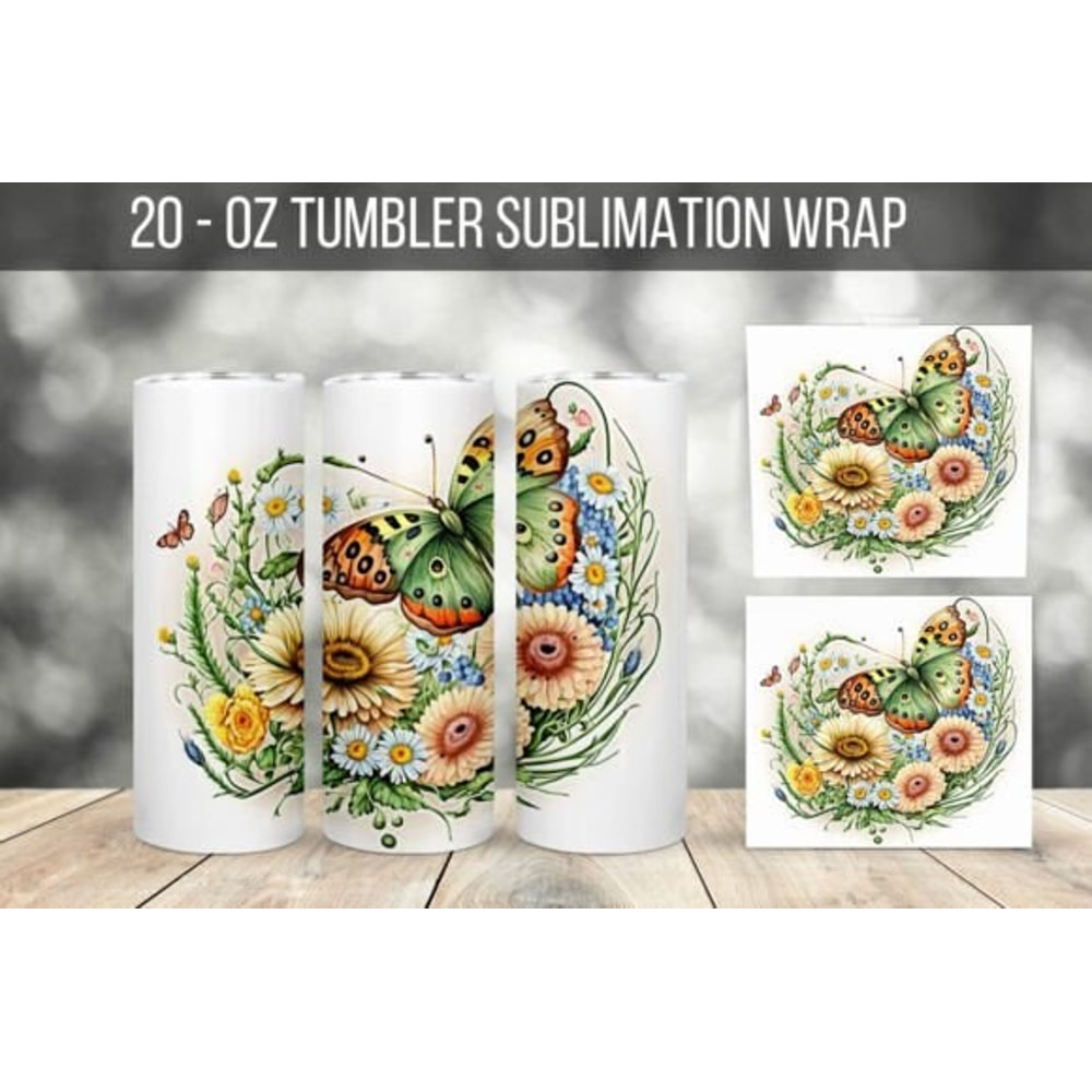 Butterfly And Flowers 20 oz Skinny Tumbler Sublimation Design Instant Digital Download PNG Butterfly 20 Oz Tumbler Wrap PNG Set Of 8 Designs - 6.jpg