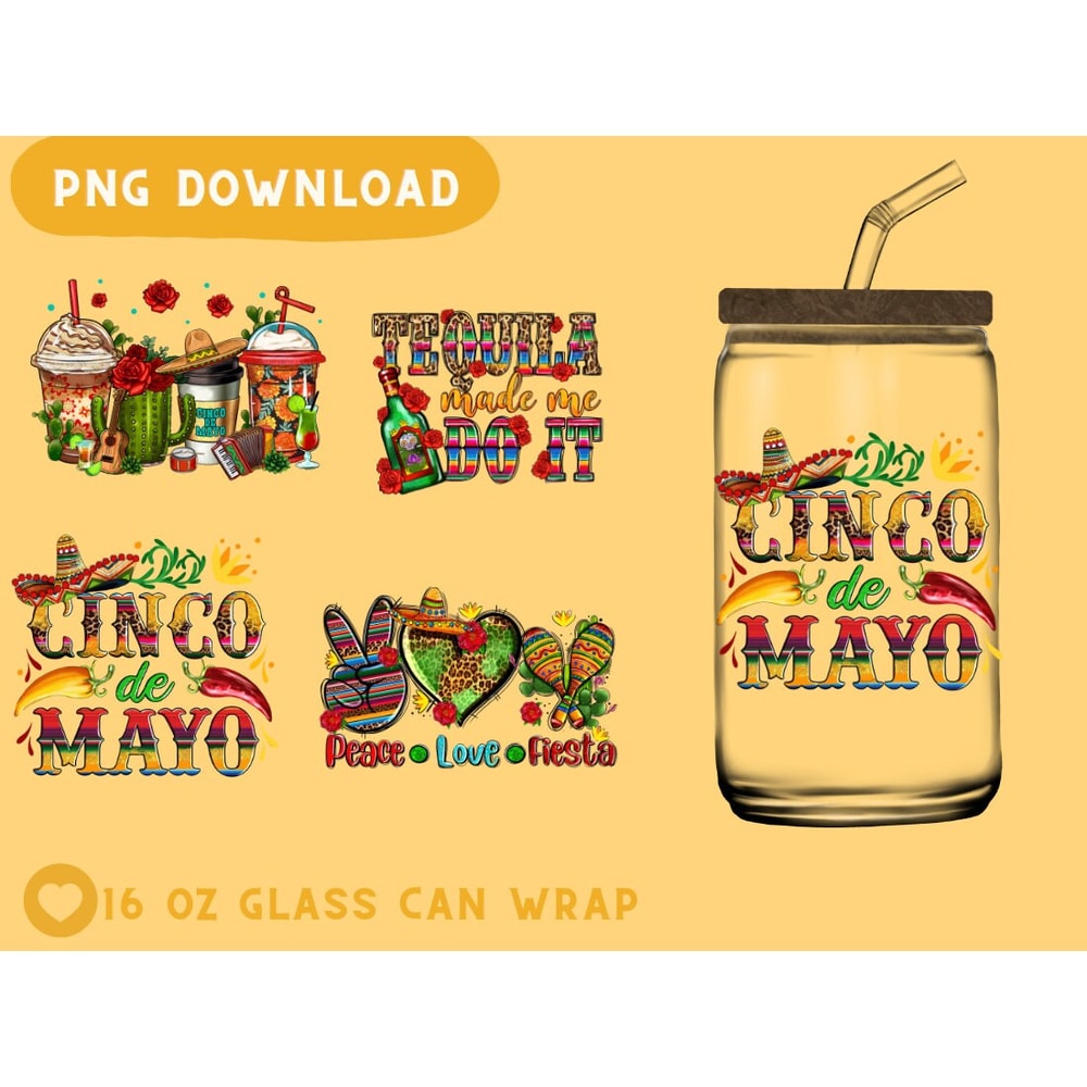 Cinco De Mayo 16oz Glass Can Wrap Sublimation Design, Cup Wrap, Mexico Libbey PNG Glass Can Wrap , Mexican Day PNG, Mexicana Glass Can Wrap - 2.jpg