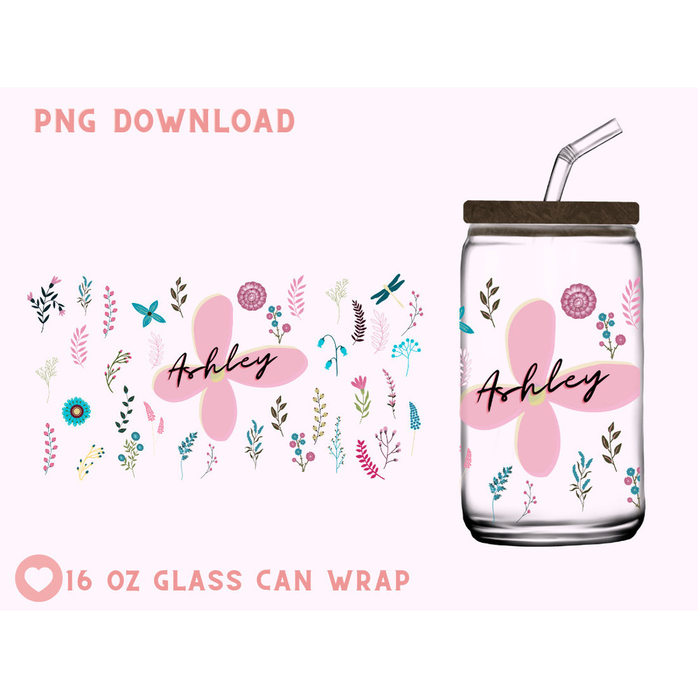 Custom name 16oz Libbey Glass Can PNG file Cup Wrap, Personalized Libbey PNG Glass Can Wrap, Wildflowers Glass Can Wrap PNG - 1.jpg
