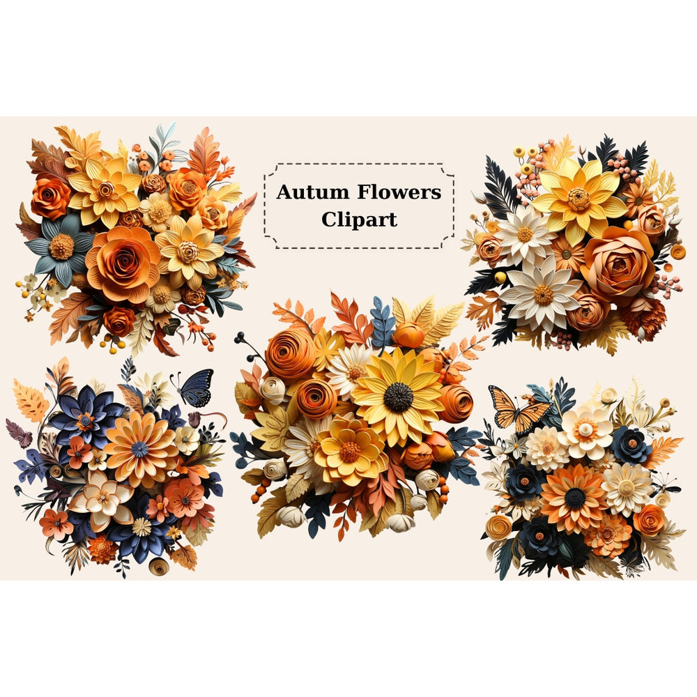 Fall Flowers Clipart Autumn Bouquets Clipart for Wedding 3D Floral Clipart Orange Flowers Digital PNG Clipart - 1.jpg