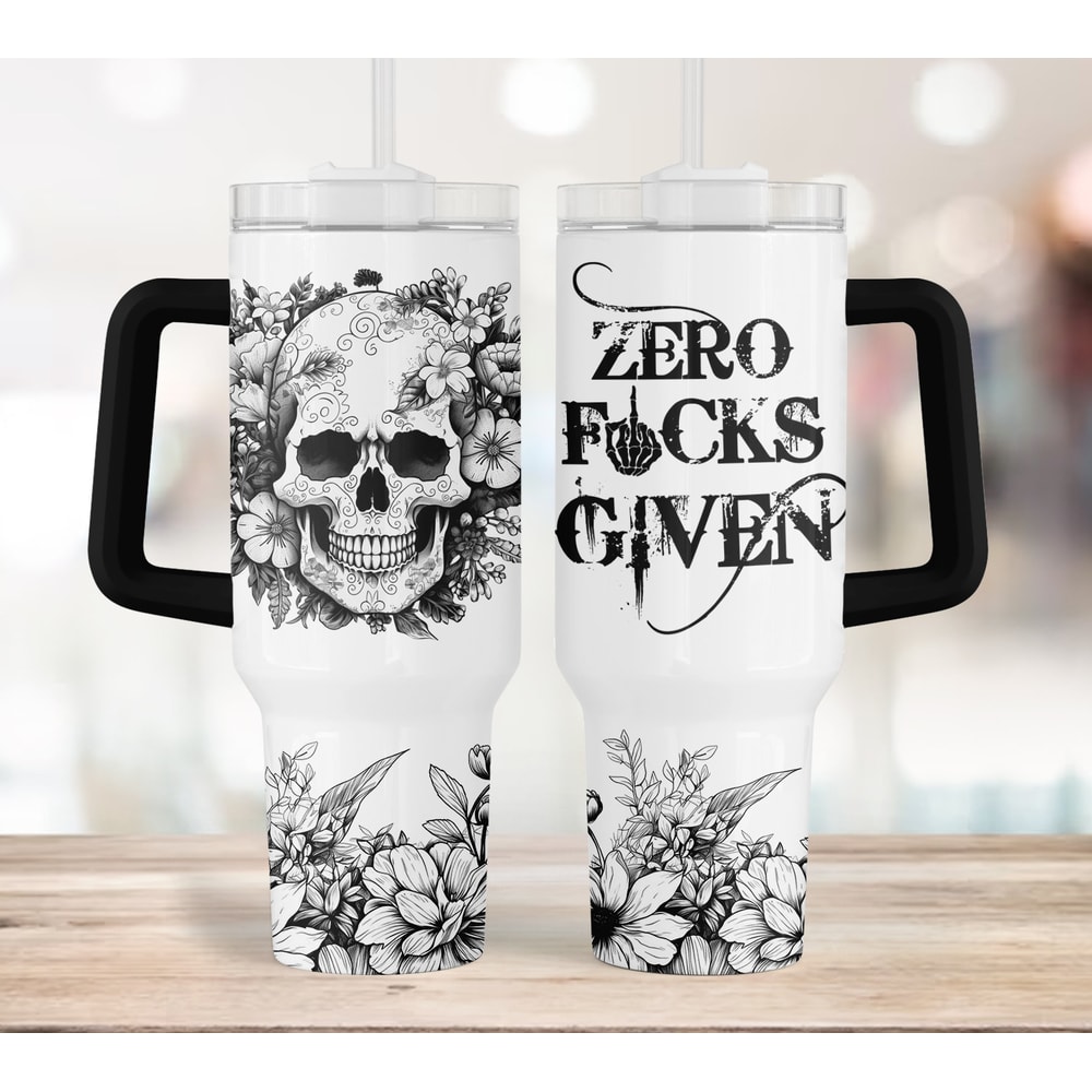 Floral Skull 40oz Tumbler Sublimation Designs, Zero Fcks Given Tumbler, 40oz Quencher Tumbler Wrap, Black And White Flowers Tumbler - 1.jpg