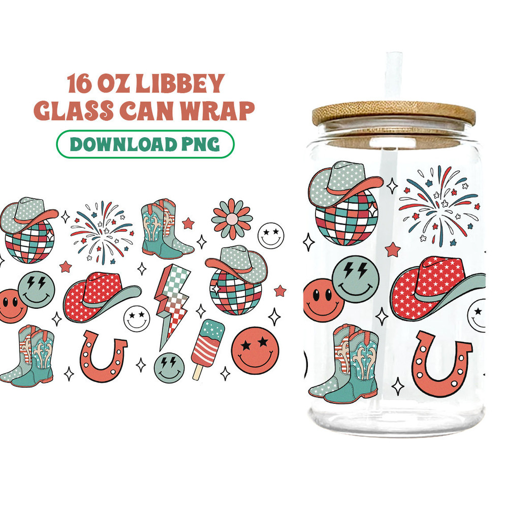 Howdy America Cowboy 16oz Libbey Glass Can Png File Cup Wrap America Western Libbey PNG Glass Can Wrap Sublimation Design American Patriotic - 1.jpg