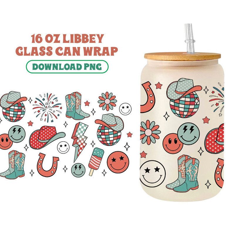 Howdy America Cowboy 16oz Libbey Glass Can Png File Cup Wrap America Western Libbey PNG Glass Can Wrap Sublimation Design American Patriotic - 2.jpg