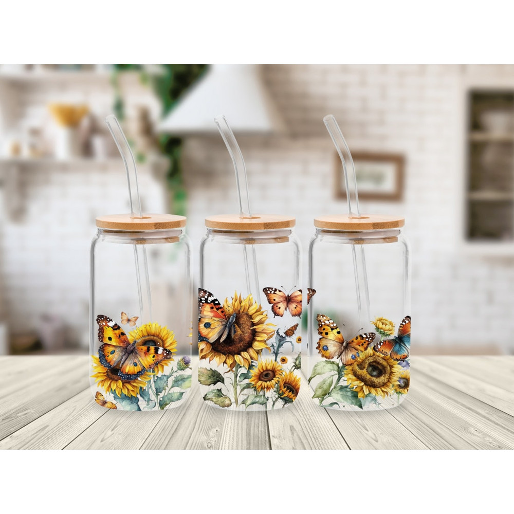 Sunflower 16oz Libbey Glass Can Wrap PNG file Cup Butterfly Glass Can Wrap Png  Sunflower Clipart  Vintage Sunflower Glass Can - 1.jpg