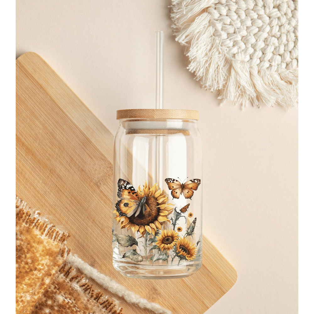 Sunflower 16oz Libbey Glass Can Wrap PNG file Cup Butterfly Glass Can Wrap Png  Sunflower Clipart  Vintage Sunflower Glass Can - 2.jpg