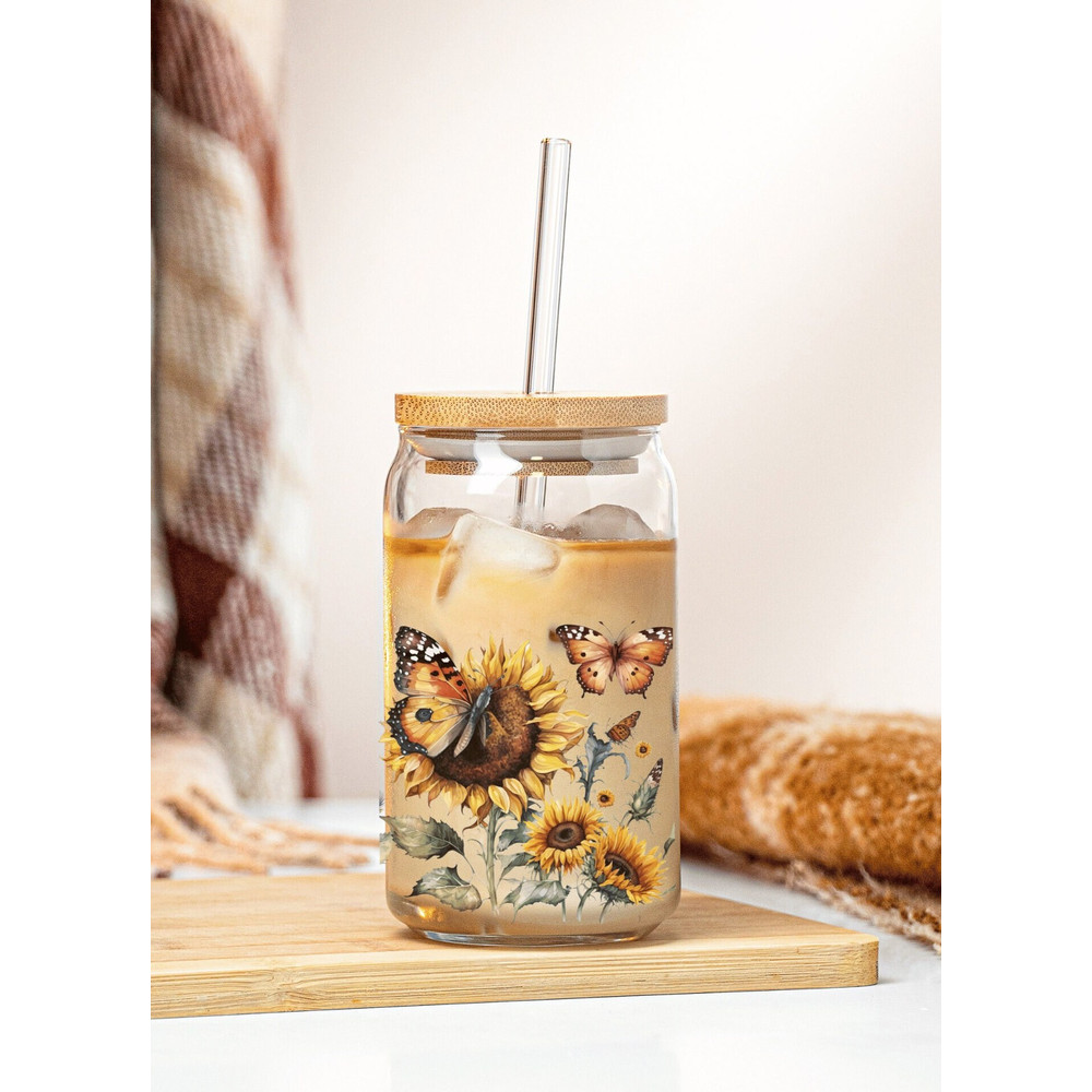 Sunflower 16oz Libbey Glass Can Wrap PNG file Cup Butterfly Glass Can Wrap Png  Sunflower Clipart  Vintage Sunflower Glass Can - 3.jpg