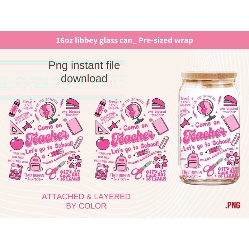 Teacher 16oz Libbey Glass Can PNG File Cup Wrap, Teacher Barb Libbey Glass Can Wrap Sublimation Digital Download Pink Doll Teacher Glass Can - 1.jpg