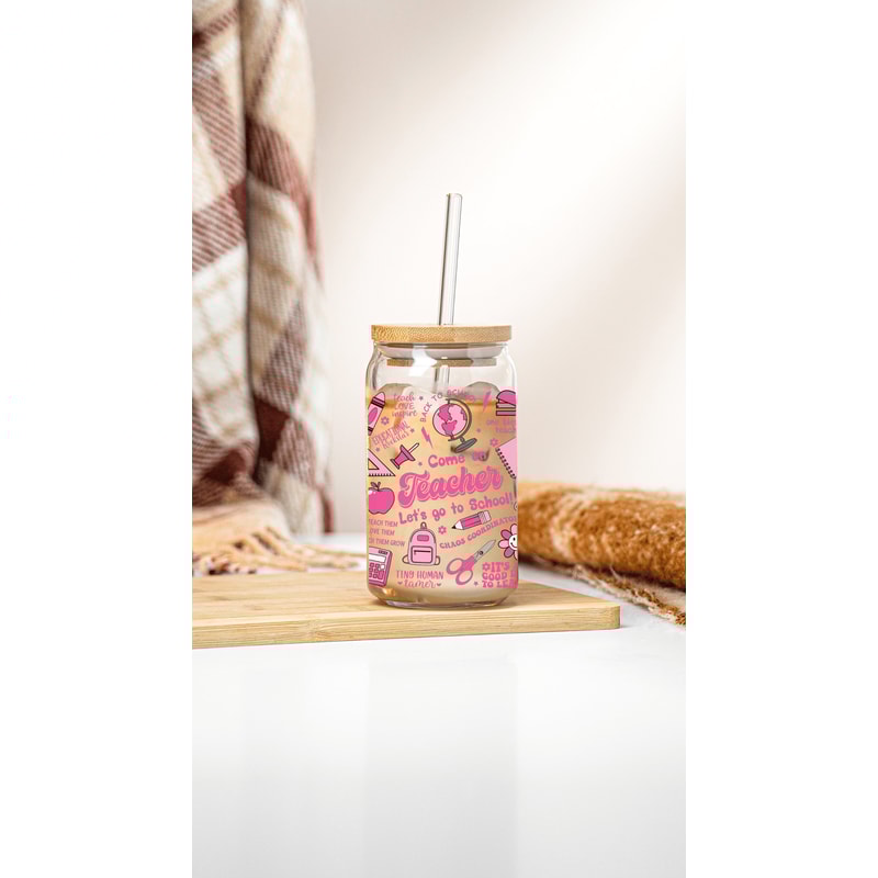 Teacher 16oz Libbey Glass Can PNG File Cup Wrap, Teacher Barb Libbey Glass Can Wrap Sublimation Digital Download Pink Doll Teacher Glass Can - 2.jpg